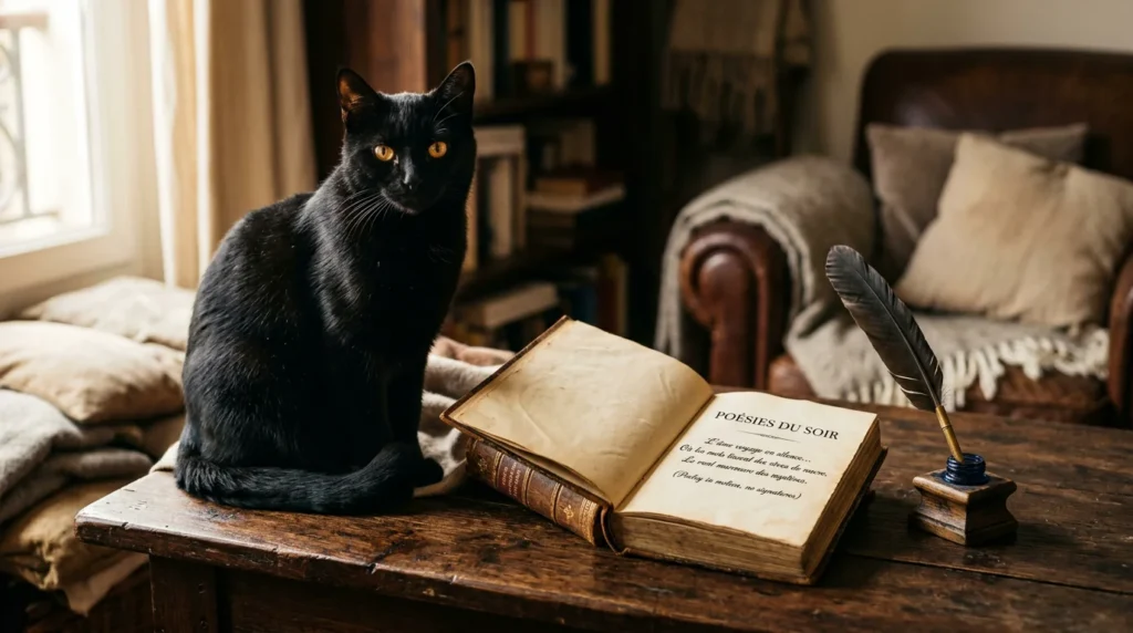 Chat noir aux yeux dorés près d'un recueil de poésie ouvert