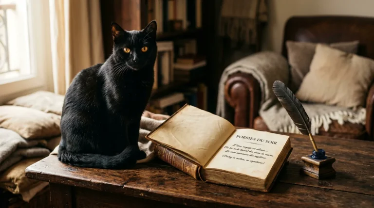 Chat noir aux yeux dorés près d'un recueil de poésie ouvert
