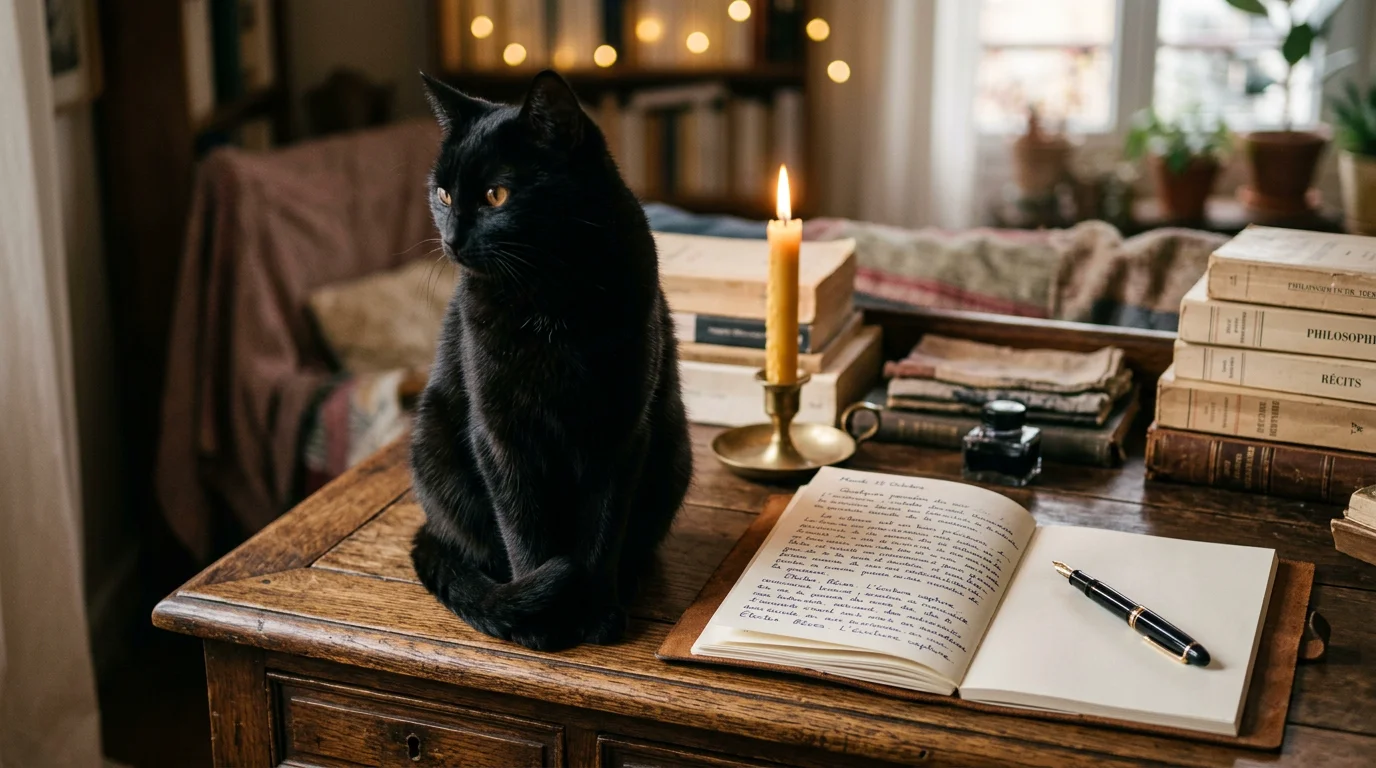 Chat noir posé sur un bureau d'écrivain près d'un carnet ouvert