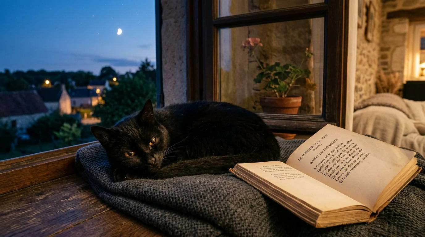 Chat noir au regard doré sur un rebord de fenêtre au crépuscule