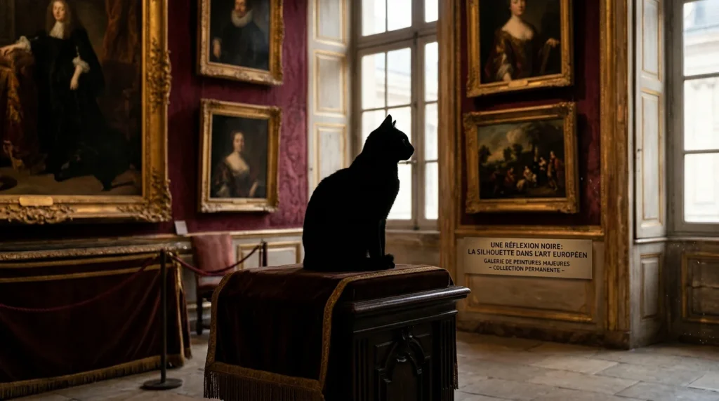 Silhouette élégante d'un chat noir sur fond pictural inspiré de l'art classique européen