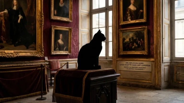 Silhouette élégante d'un chat noir sur fond pictural inspiré de l'art classique européen