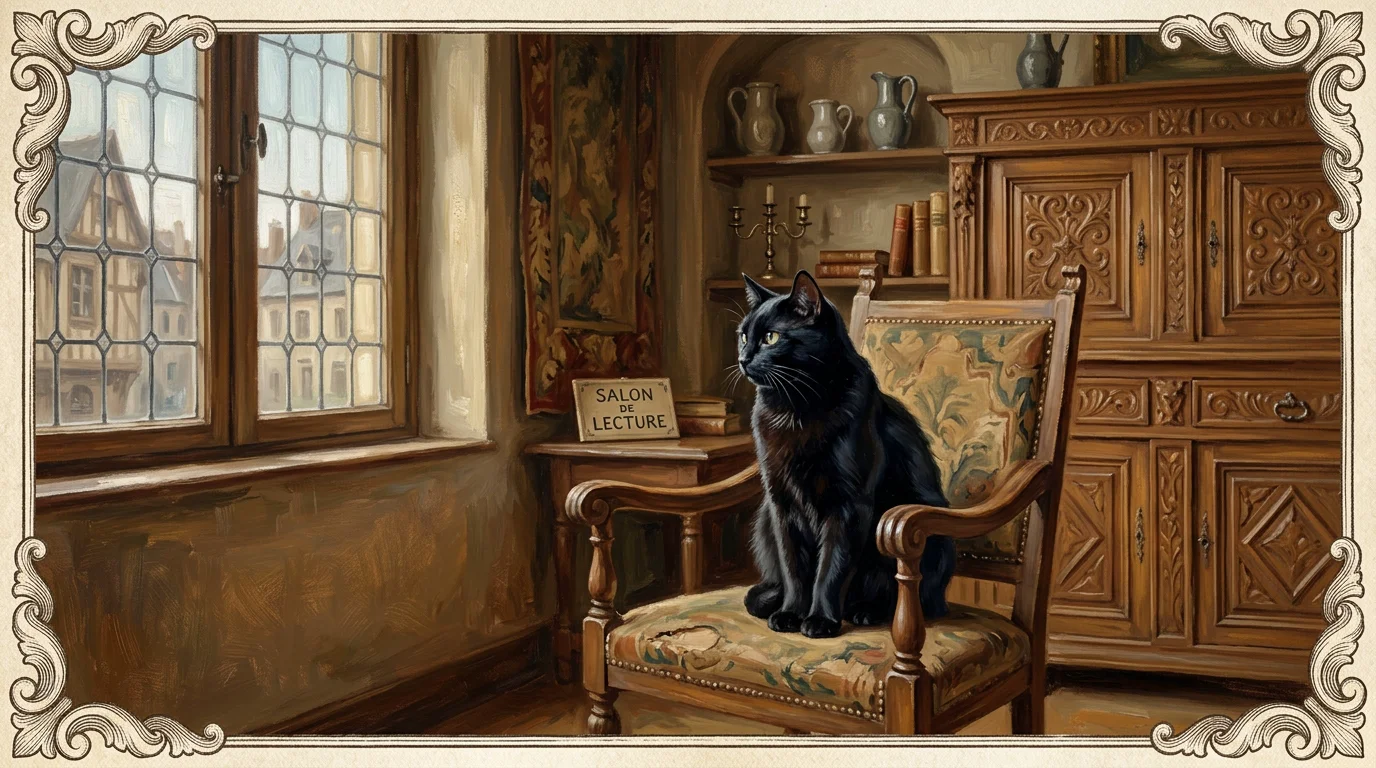 Chat noir dans un intérieur de style Renaissance baigné de lumière douce