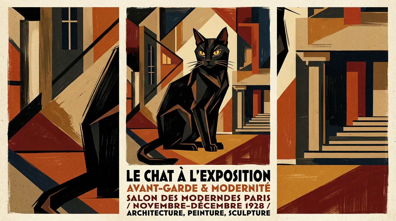 Chat noir stylisé dans un style artistique d'avant-garde du XXe siècle