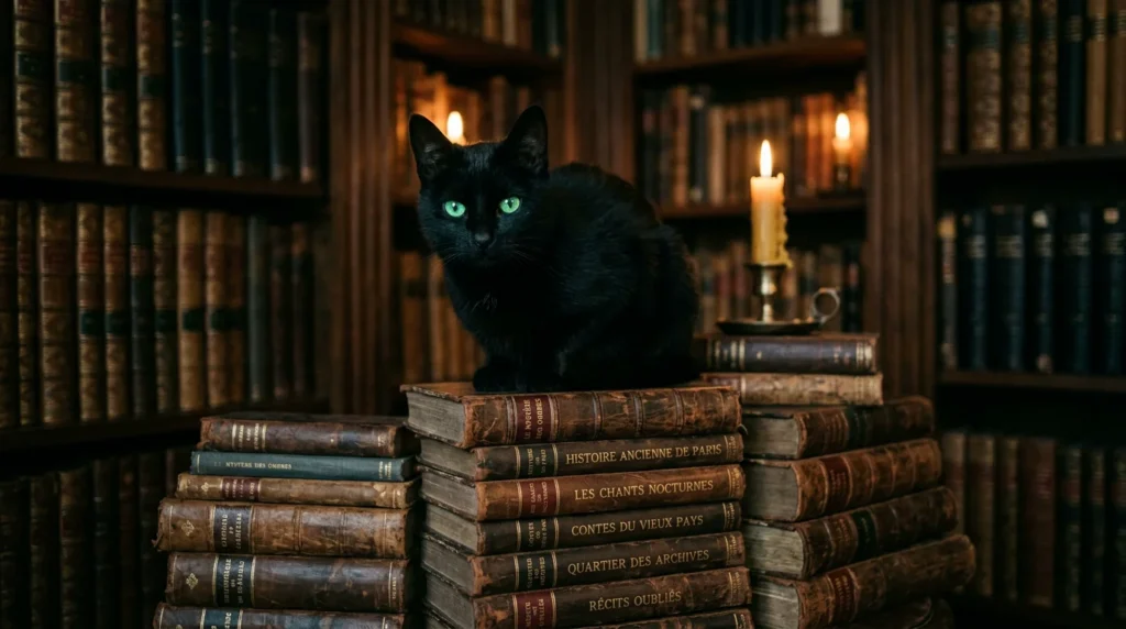 Un chat noir aux yeux verts posé sur une pile de vieux livres reliés