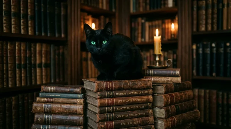 Un chat noir aux yeux verts posé sur une pile de vieux livres reliés