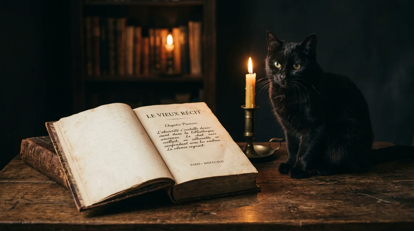 Un chat noir assis près d'un livre ancien éclairé à la bougie
