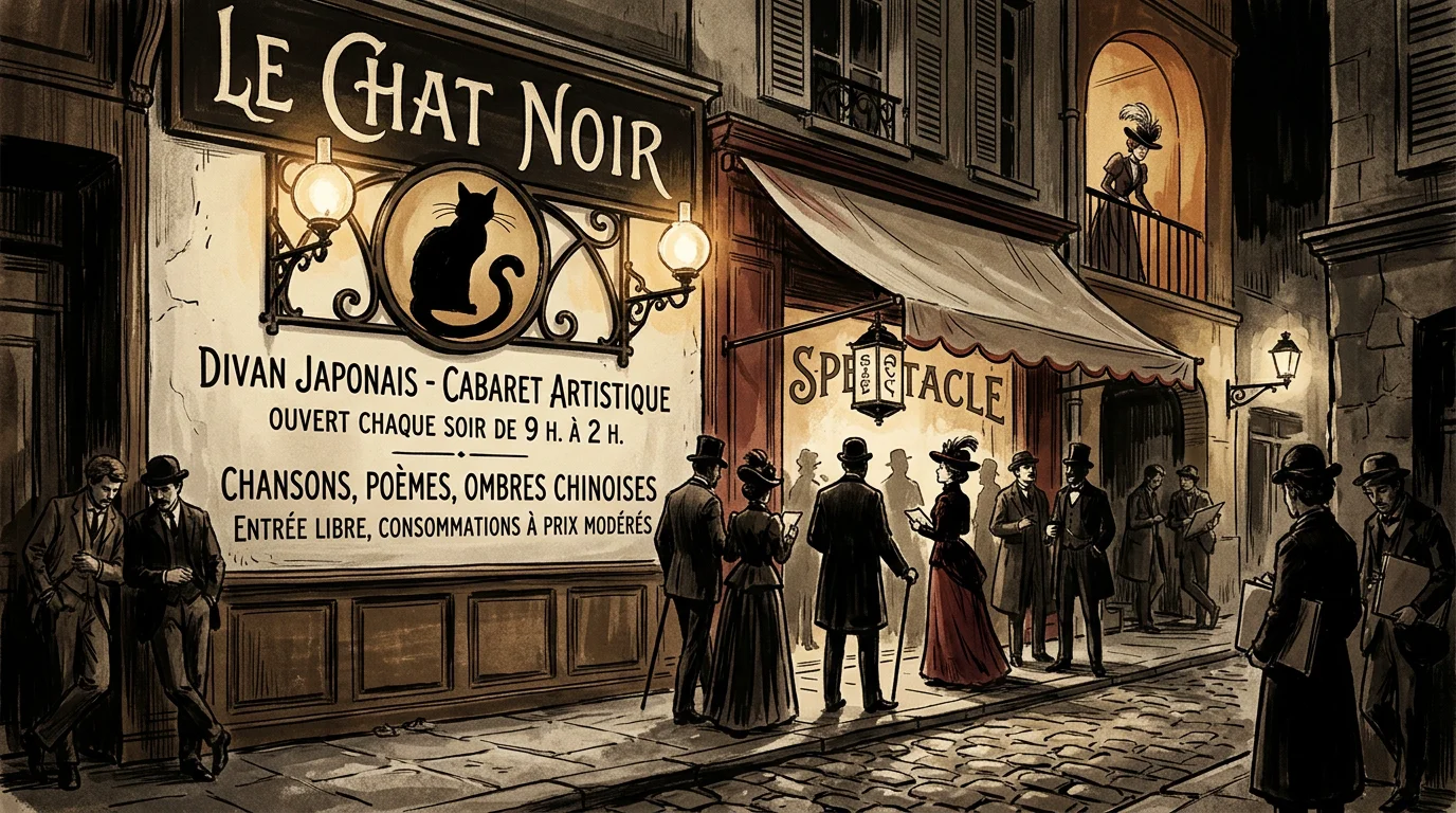 Illustration d'un cabaret montmartrois de la fin du XIXe siècle avec un emblème de chat noir