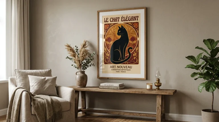 Affiche chat noir encadrée sur un mur d'intérieur contemporain
