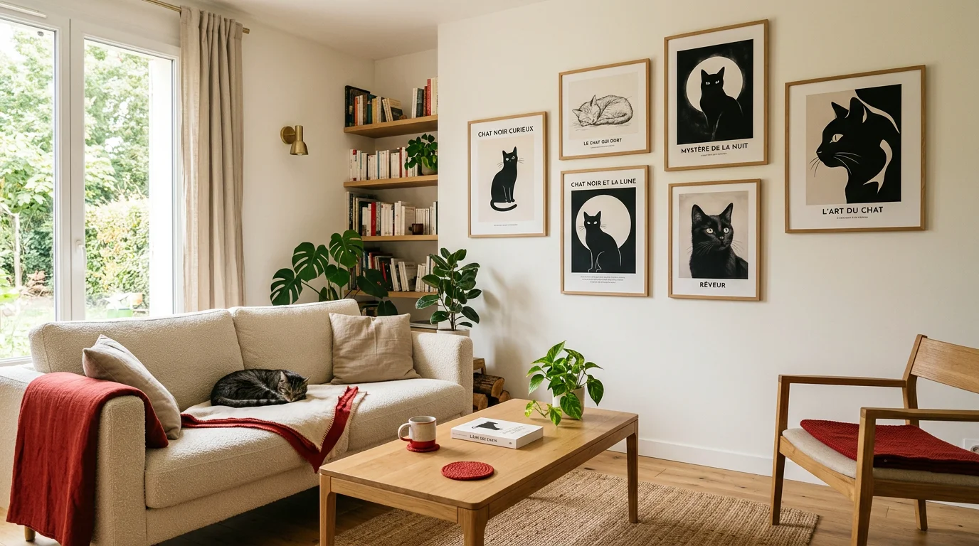 Salon contemporain décoré de plusieurs affiches chat noir encadrées